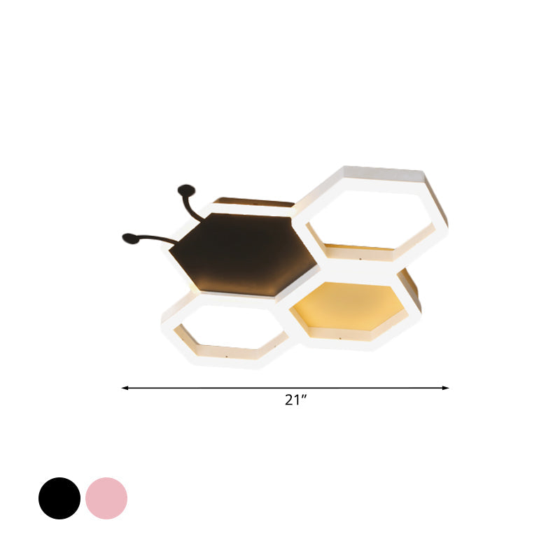 Baby Room Ceiling Light: Kids Honeycomb Iron LED Flushmount - Pink/Black, Warm/White Light