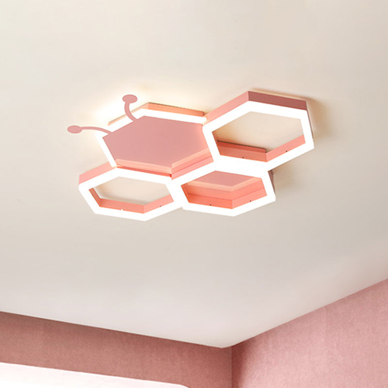 Baby Room Ceiling Light: Kids Honeycomb Iron LED Flushmount - Pink/Black, Warm/White Light