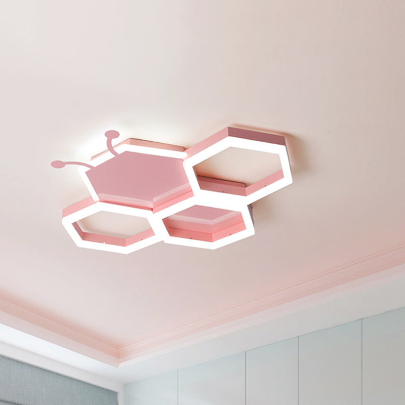 Baby Room Ceiling Light: Kids Honeycomb Iron LED Flushmount - Pink/Black, Warm/White Light
