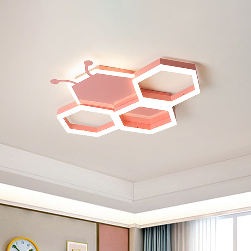 Baby Room Ceiling Light: Kids Honeycomb Iron LED Flushmount - Pink/Black, Warm/White Light