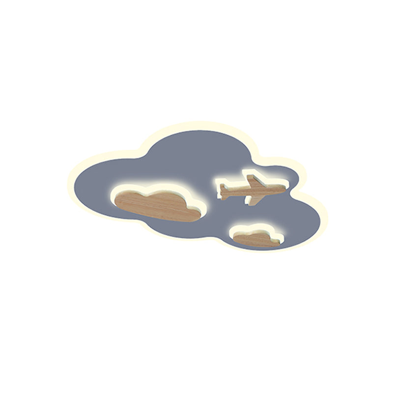Cloud Flight Ceiling Flush Mount Cartoon Acrylic Blue Wood LED Light Fixture