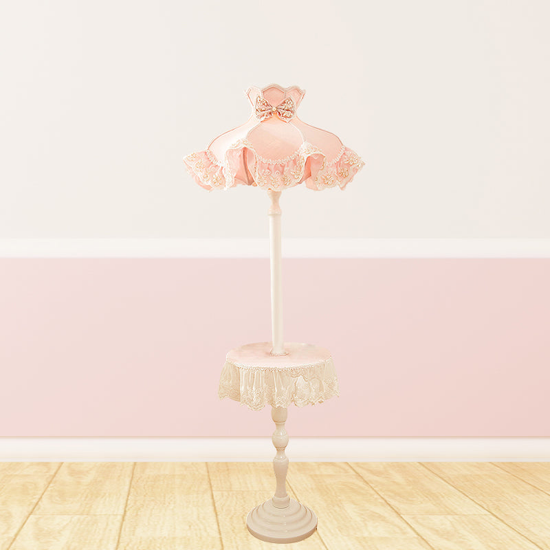 Nordic Pink Lace-Trimmed Stand Up Lamp With White Wood Table - Floor Light 1 Bulb