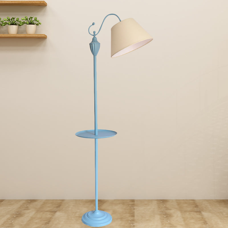 Truncated Cone Shade Floor Lamp In Macaron Fabric - Pink/Blue/Yellow | 1 Bulb Storage Tray Ideal For