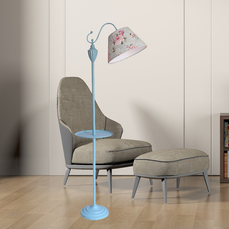Truncated Cone Shade Floor Lamp In Macaron Fabric - Pink/Blue/Yellow | 1 Bulb Storage Tray Ideal For