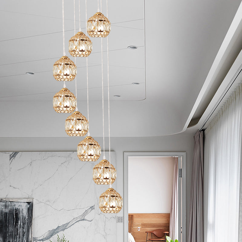 Spiral Design Gold Crystal Pendant Lamp With 8 Bulbs
