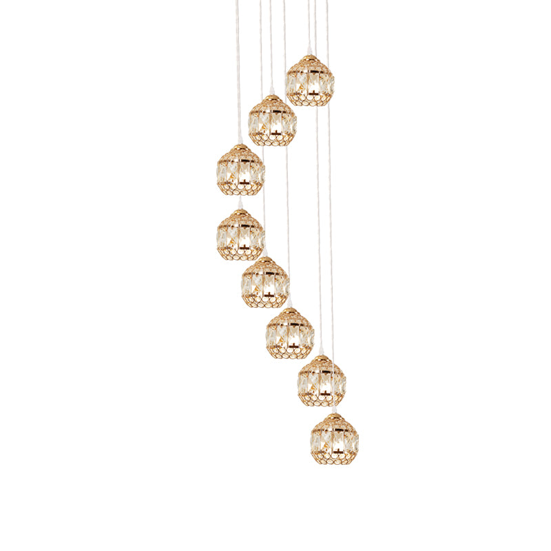 Crystal Gold Cluster Pendant Globe Hanging Lamp with Spiral Design - Modern 8-Bulb Fixture