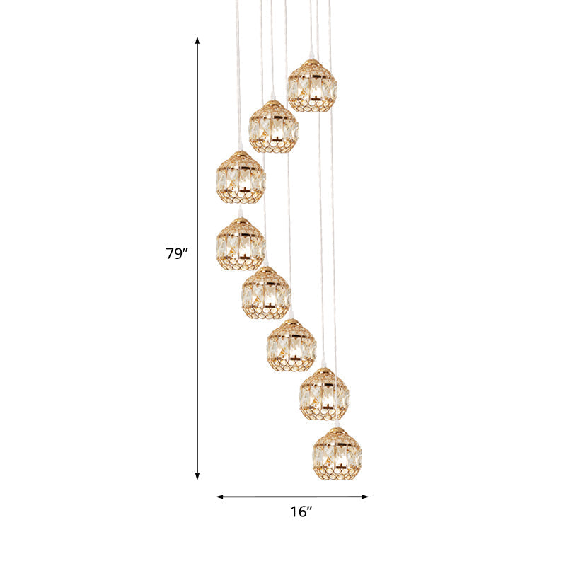 Crystal Gold Cluster Pendant Globe Hanging Lamp with Spiral Design - Modern 8-Bulb Fixture