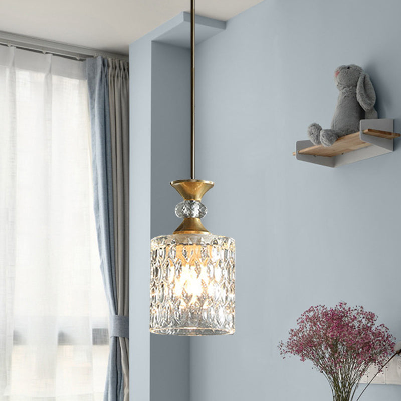 Gold Crystal Drop Lamp Postmodern Pendant for Restaurant Down Lighting - K9 Crystal, 1-Bulb Column Design