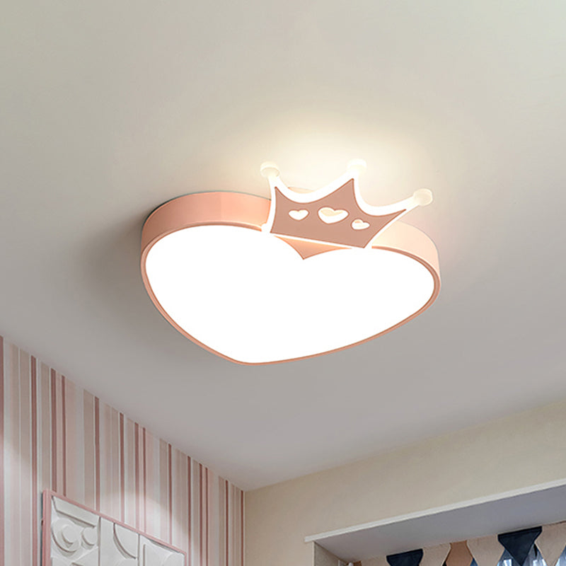 Nordic Style LED Loving Heart Flush Lamp with Crown Decor in Pink/Blue