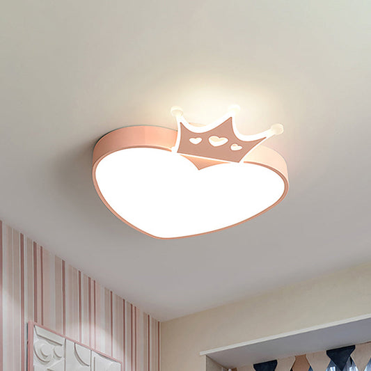 Nordic Style LED Loving Heart Flush Lamp with Crown Decor in Pink/Blue