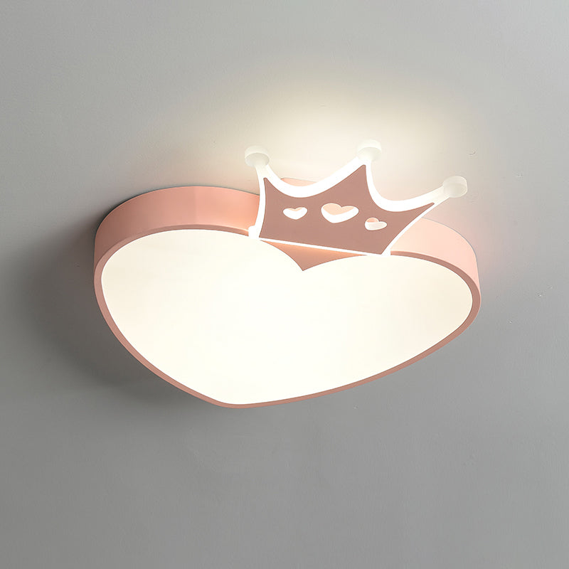 Nordic Style LED Loving Heart Flush Lamp with Crown Decor in Pink/Blue