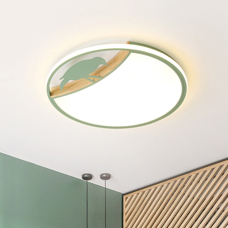 Nordic Round LED Flush Mount with Bird Deco - White/Grey/Green Acrylic Fixture