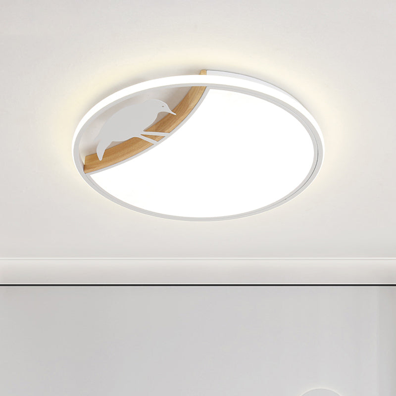 Nordic Round LED Flush Mount with Bird Deco - White/Grey/Green Acrylic Fixture