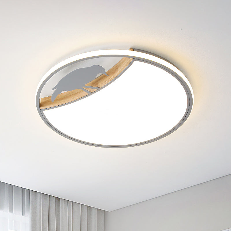 Nordic Round LED Flush Mount with Bird Deco - White/Grey/Green Acrylic Fixture