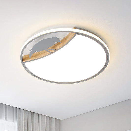 Nordic Round LED Flush Mount with Bird Deco - White/Grey/Green Acrylic Fixture
