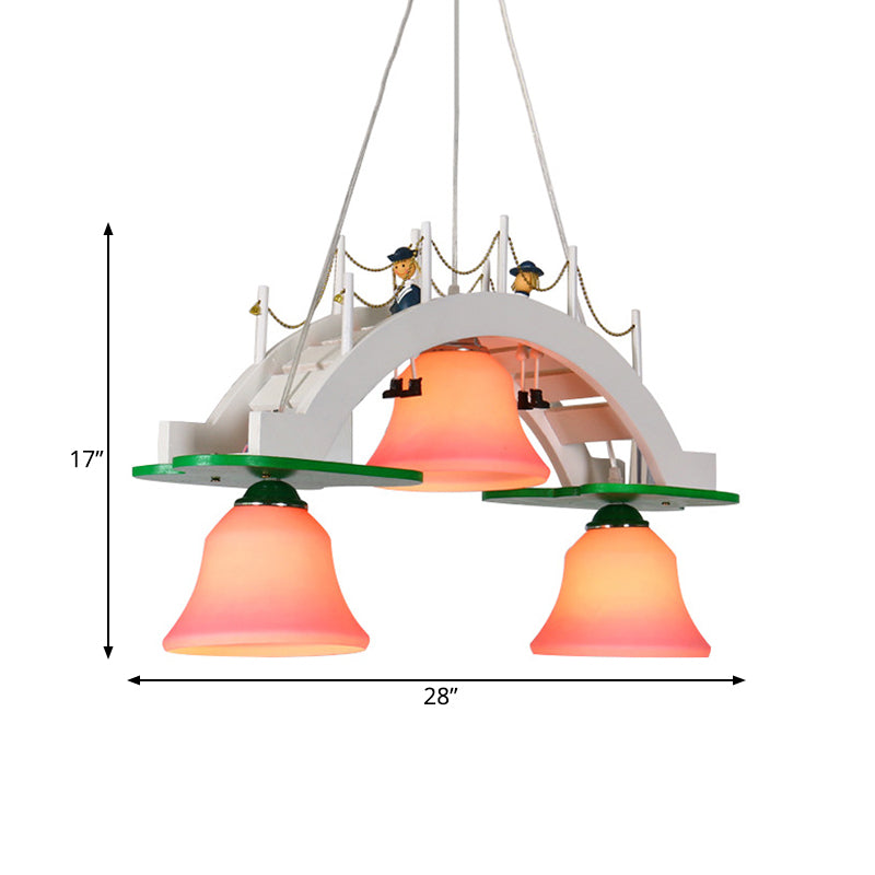 Kids Wooden Bridge Pink Glass Bell Chandelier Pendant - 3-Light Down Lighting