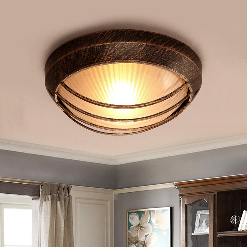 Frosted Ribbed Glass Flush Mount Ceiling Light in Rustic Bronze with Metal Cage - 1-Light Porch Fixture