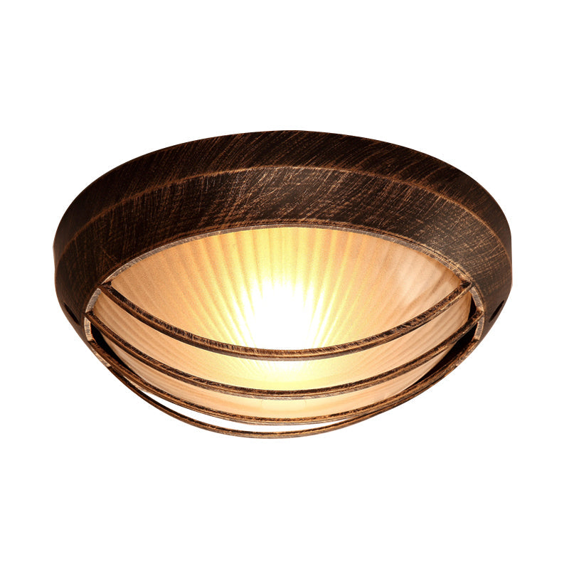 Frosted Ribbed Glass Flush Mount Ceiling Light in Rustic Bronze with Metal Cage - 1-Light Porch Fixture