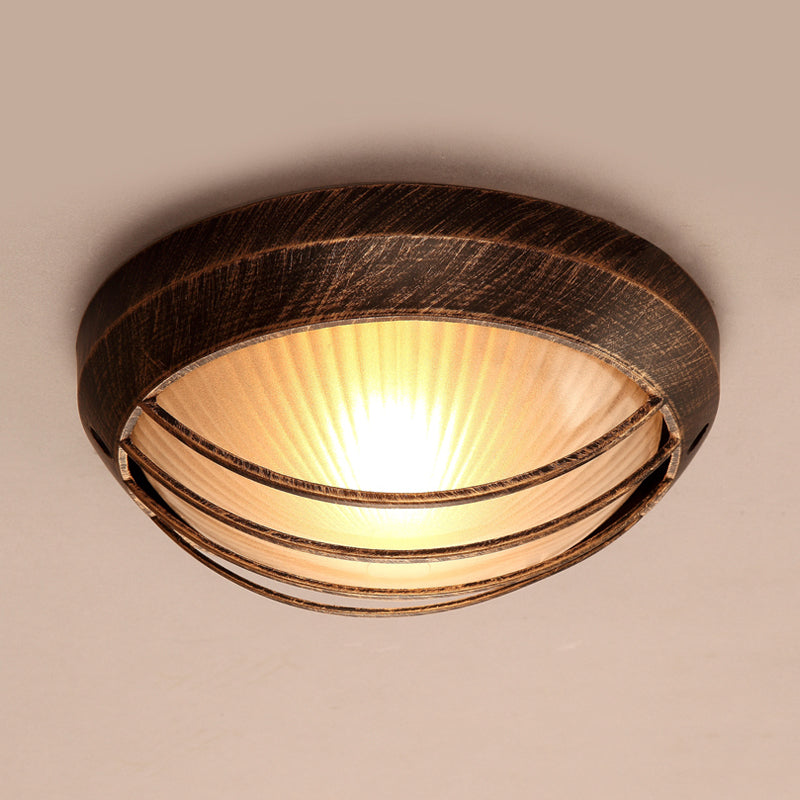 Frosted Ribbed Glass Flush Mount Ceiling Light in Rustic Bronze with Metal Cage - 1-Light Porch Fixture