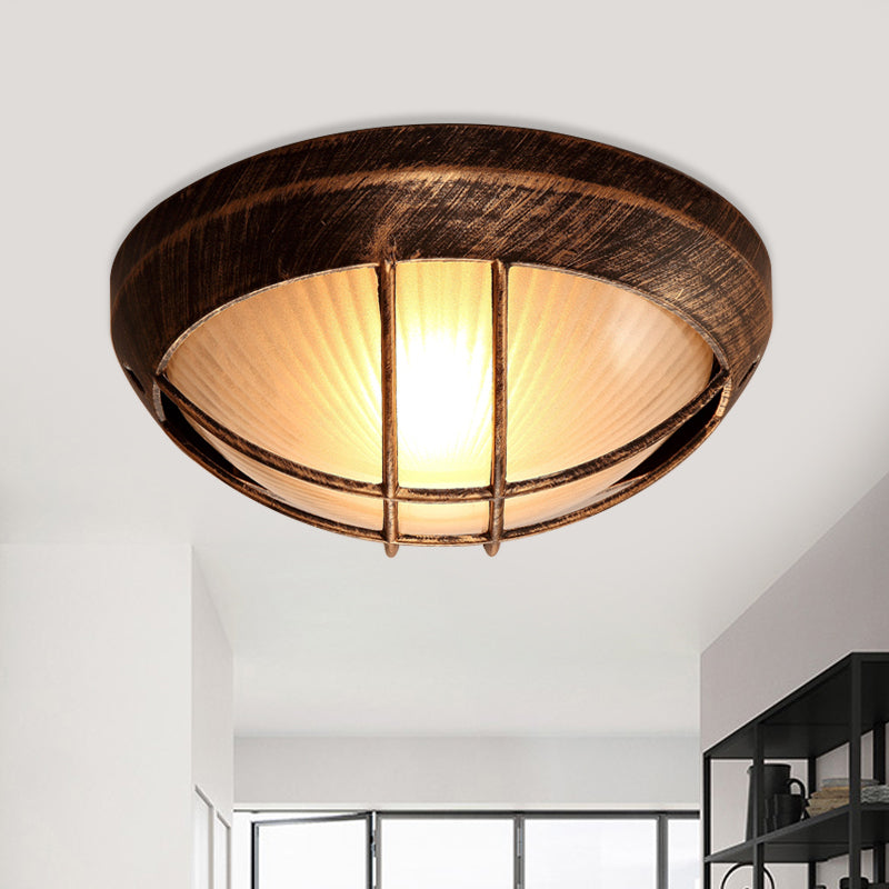 Frosted Ribbed Glass Flush Mount Ceiling Light in Rustic Bronze with Metal Cage - 1-Light Porch Fixture