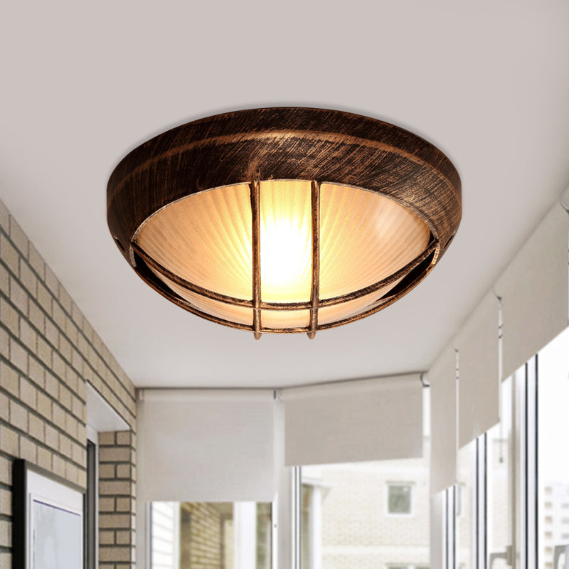 Frosted Ribbed Glass Flush Mount Ceiling Light in Rustic Bronze with Metal Cage - 1-Light Porch Fixture