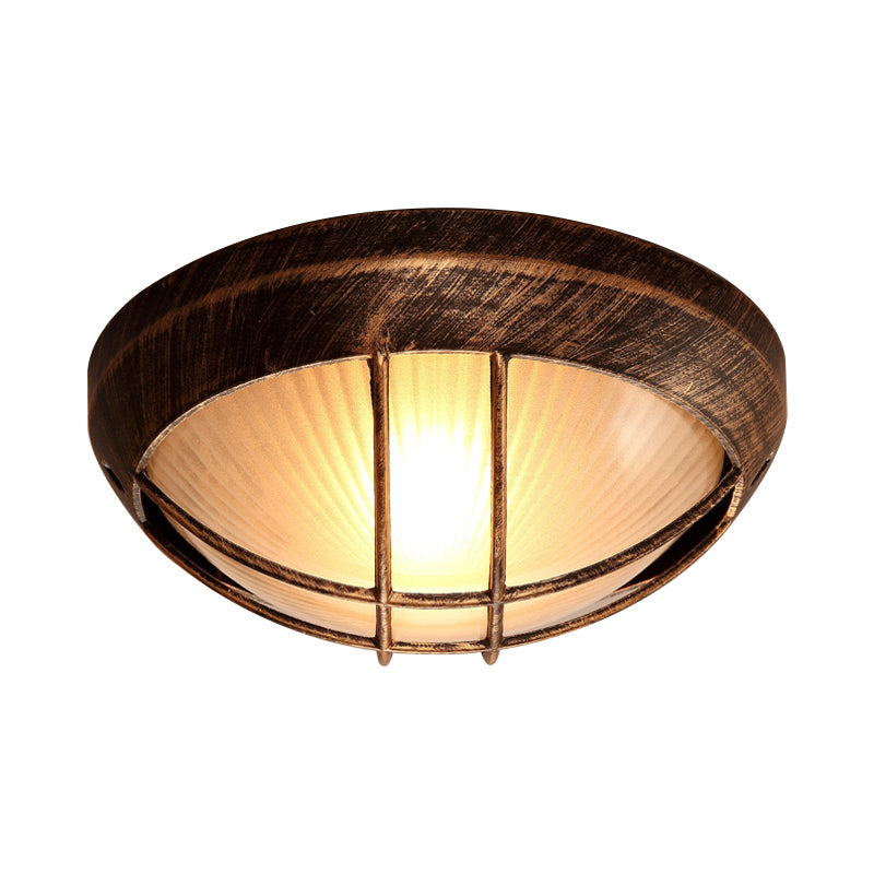 Frosted Ribbed Glass Flush Mount Ceiling Light in Rustic Bronze with Metal Cage - 1-Light Porch Fixture