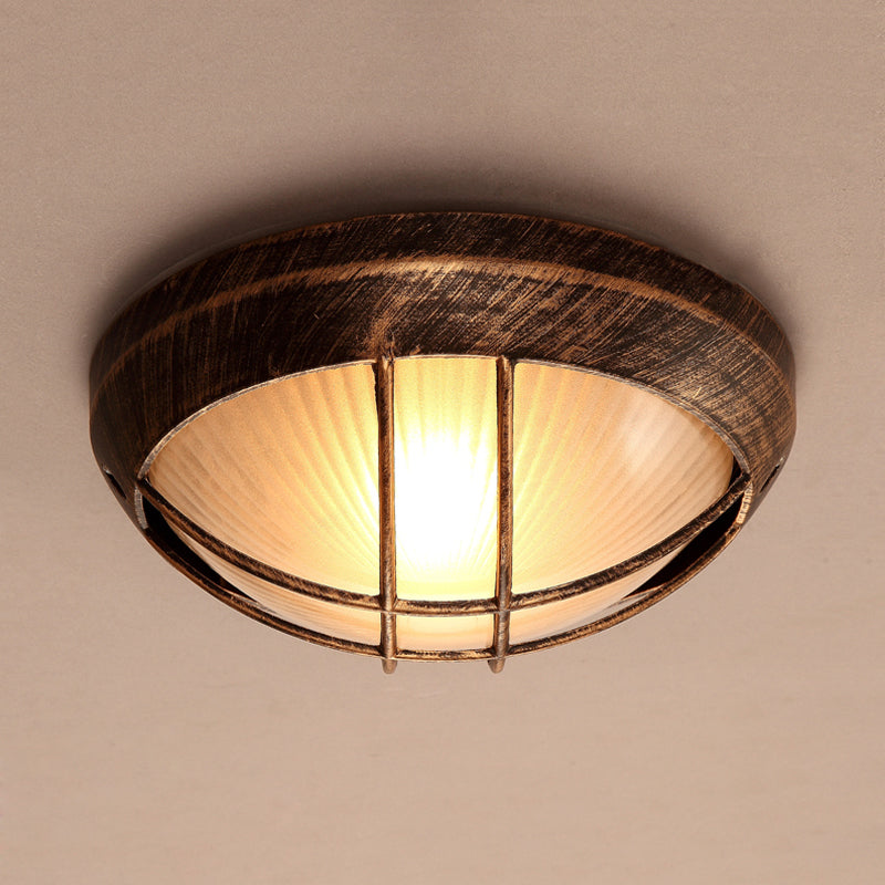 Frosted Ribbed Glass Flush Mount Ceiling Light in Rustic Bronze with Metal Cage - 1-Light Porch Fixture