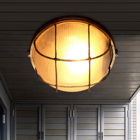 Frosted Ribbed Glass Flush Mount Ceiling Light in Rustic Bronze with Metal Cage - 1-Light Porch Fixture