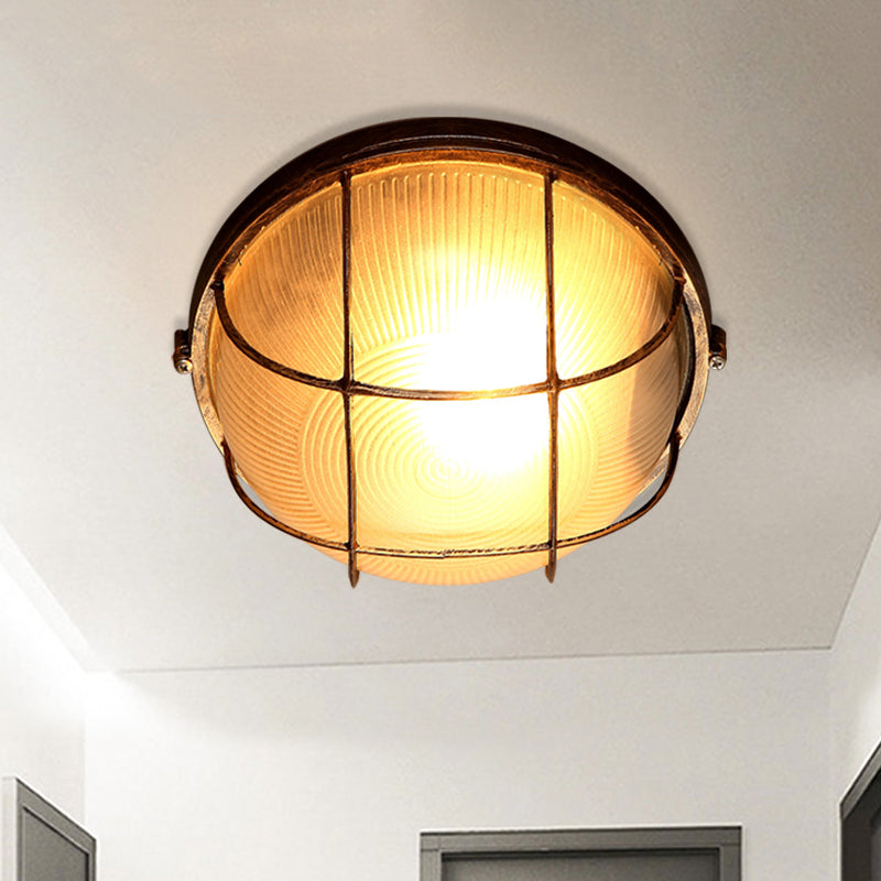 Frosted Ribbed Glass Flush Mount Ceiling Light in Rustic Bronze with Metal Cage - 1-Light Porch Fixture