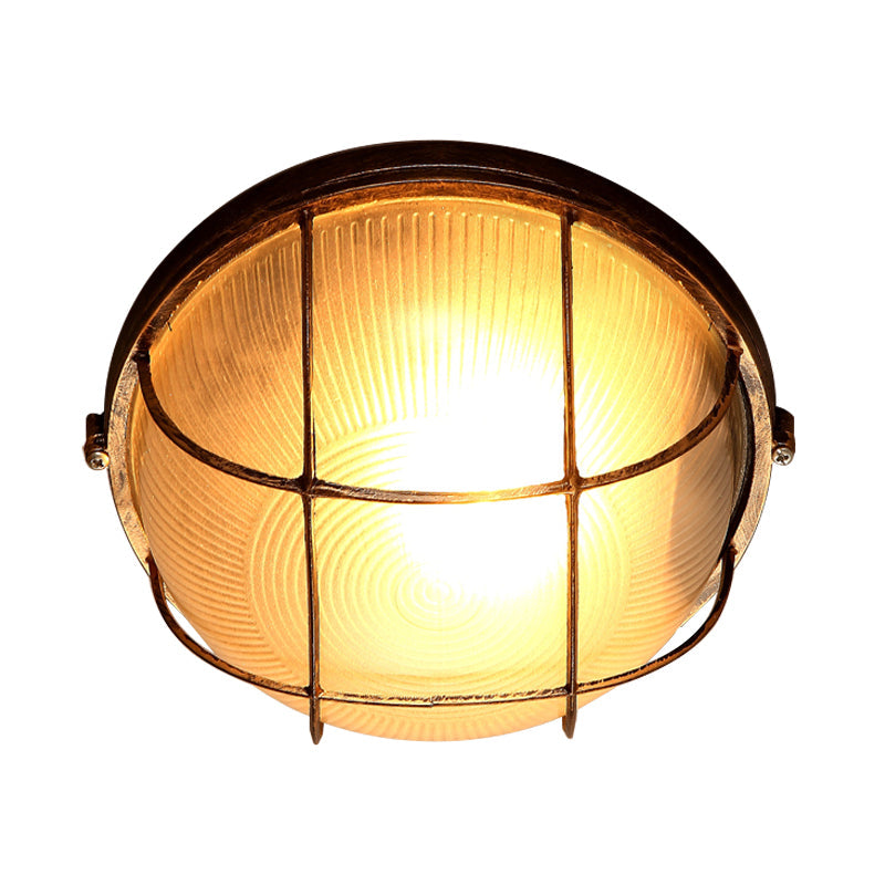 Frosted Ribbed Glass Flush Mount Ceiling Light in Rustic Bronze with Metal Cage - 1-Light Porch Fixture