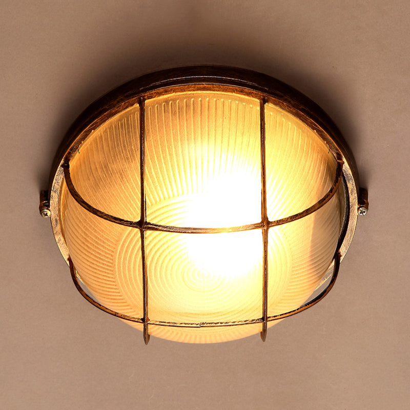 Frosted Ribbed Glass Flush Mount Ceiling Light in Rustic Bronze with Metal Cage - 1-Light Porch Fixture