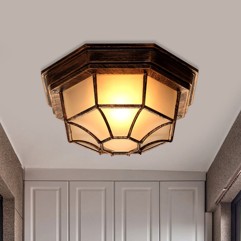 Bronze Lodge Flush Mount Ceiling Light with Frosted Glass & Cage - 1 Light Octagonal Fixture
