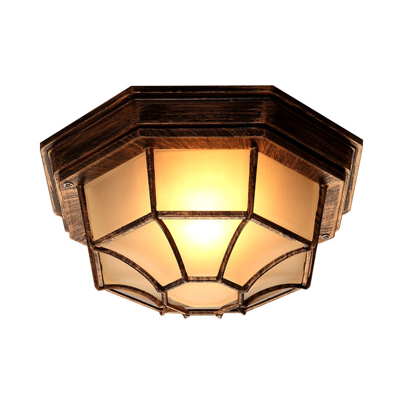Bronze Lodge Flush Mount Ceiling Light with Frosted Glass & Cage - 1 Light Octagonal Fixture