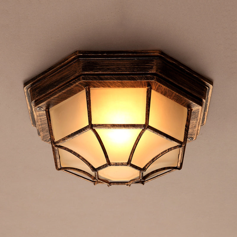 Bronze Lodge Flush Mount Ceiling Light with Frosted Glass & Cage - 1 Light Octagonal Fixture