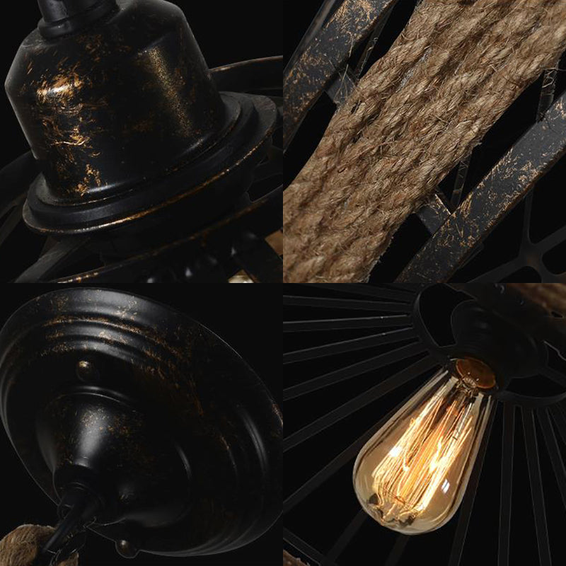 Vintage Rope and Metal Suspension Light for Restaurants - Conic Cage Design in Aged Silver/Black
