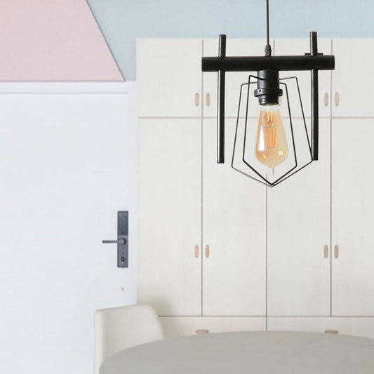 Vintage Black Metal Pendant Light | Stylish Caged Design | Hanging Fixture for Dining Table