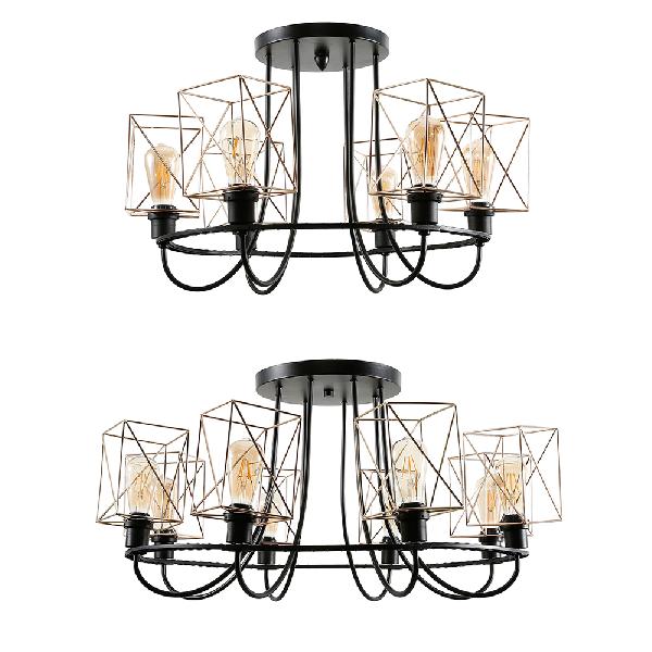 Vintage Gold Metal Wire Cage Chandelier - 6/8 Bulbs Semi Flush Square Shade Ideal For Living Room