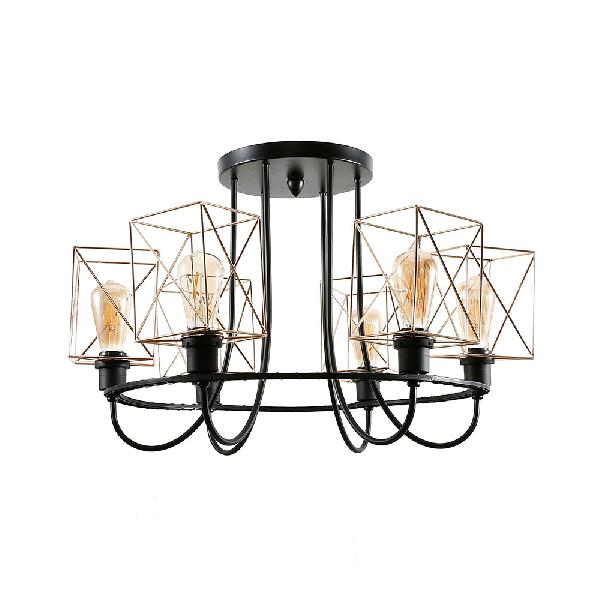 Vintage Gold Metal Wire Cage Chandelier - 6/8 Bulbs, Semi Flush, Square Shade - Ideal for Living Room