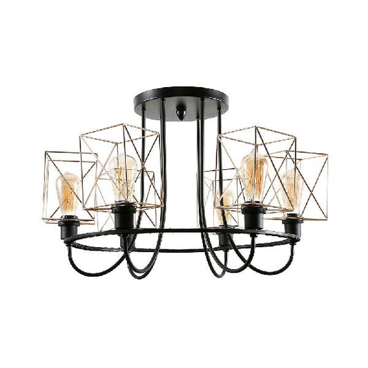 Vintage Gold Metal Wire Cage Chandelier - 6/8 Bulbs, Semi Flush, Square Shade - Ideal for Living Room