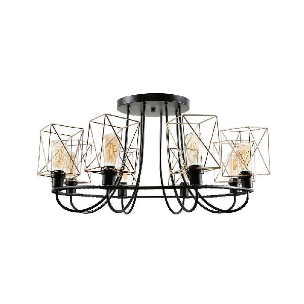 Vintage Gold Metal Wire Cage Chandelier - 6/8 Bulbs, Semi Flush, Square Shade - Ideal for Living Room