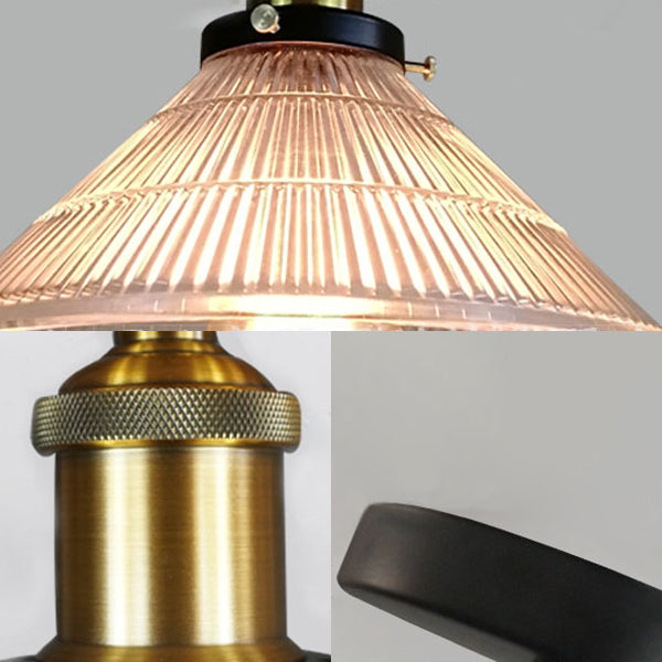 Suspension conique industrielle en laiton avec verre nervuré - Idéal pour les salles à manger - 3 lumières et auvent rond/linéaire inclus