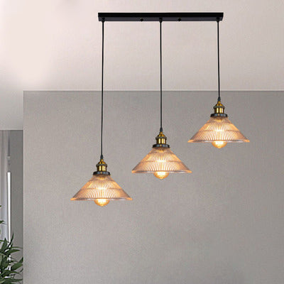 Suspension conique industrielle en laiton avec verre nervuré - Idéal pour les salles à manger - 3 lumières et auvent rond/linéaire inclus