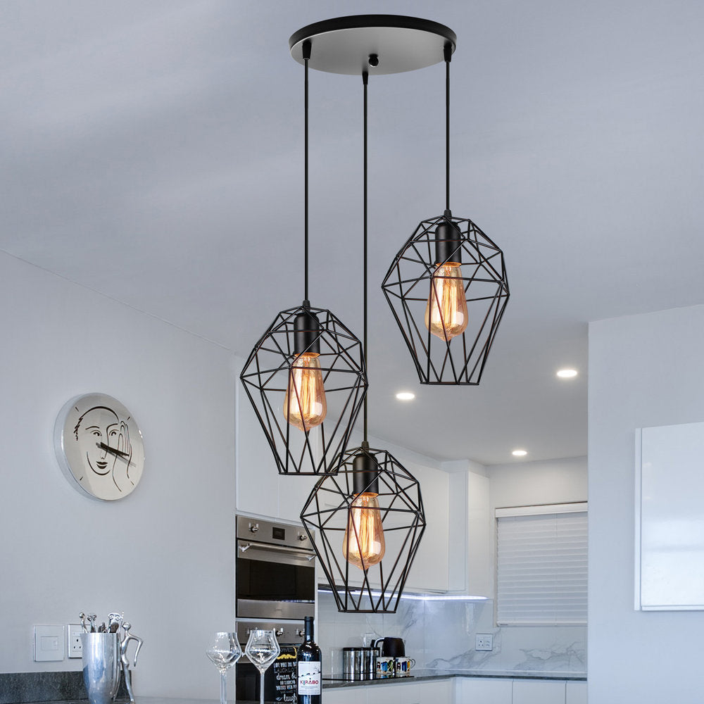 Lampe à suspension géométrique vintage - Noir métallisé, lampe suspendue avec 3 ampoules, abat-jour cage, auvent rond/linéaire