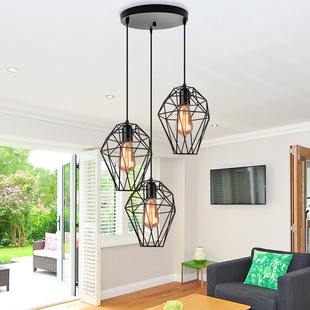 Lampe à suspension géométrique vintage - Noir métallisé, lampe suspendue avec 3 ampoules, abat-jour cage, auvent rond/linéaire