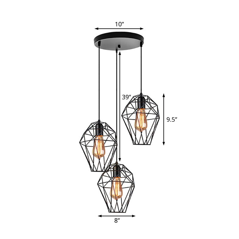 Lampe à suspension géométrique vintage - Noir métallisé, lampe suspendue avec 3 ampoules, abat-jour cage, auvent rond/linéaire