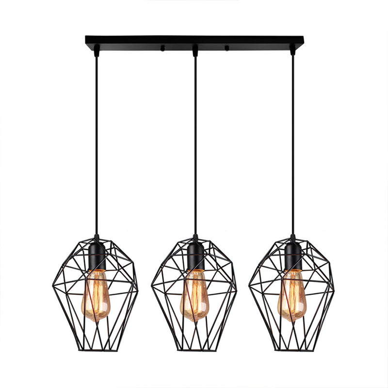 Lampe à suspension géométrique vintage - Noir métallisé, lampe suspendue avec 3 ampoules, abat-jour cage, auvent rond/linéaire