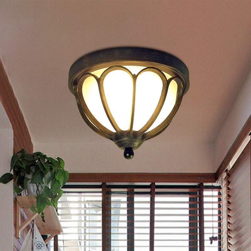 Rustic LED Ceiling Light Fixture: Cream Glass Bowl Flush Mount Lamp in Black with Metal Cage