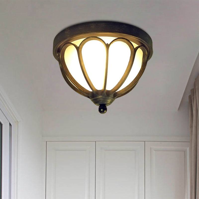 Rustic LED Ceiling Light Fixture: Cream Glass Bowl Flush Mount Lamp in Black with Metal Cage