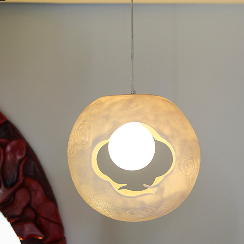 Modern White Pendulum Hanging Lamp Kit With Laser-Cut Ball Resin Shade - 1 Bulb Bedroom Light
