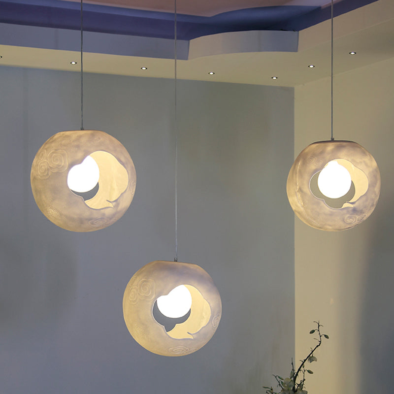 Modern White Bedroom Hanging Lamp Kit – Laser-Cut Ball Resin Shade, LED Bulb Included